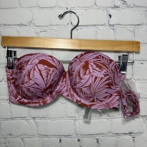 Victorias Secret Swim Pink Tropical Palm Underwire Bandeau Bikini Top 32DD‎ NEW